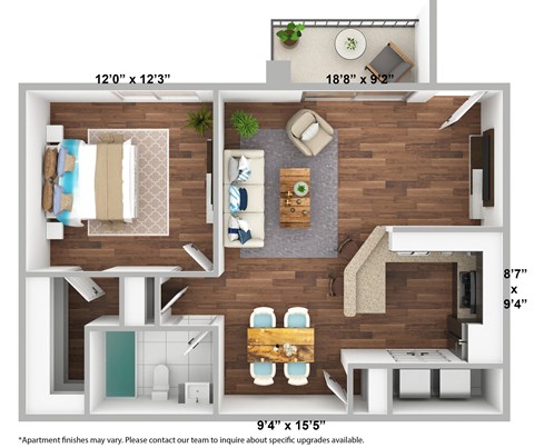Floor plan for 1 bed, 1 bath, 730 sqft